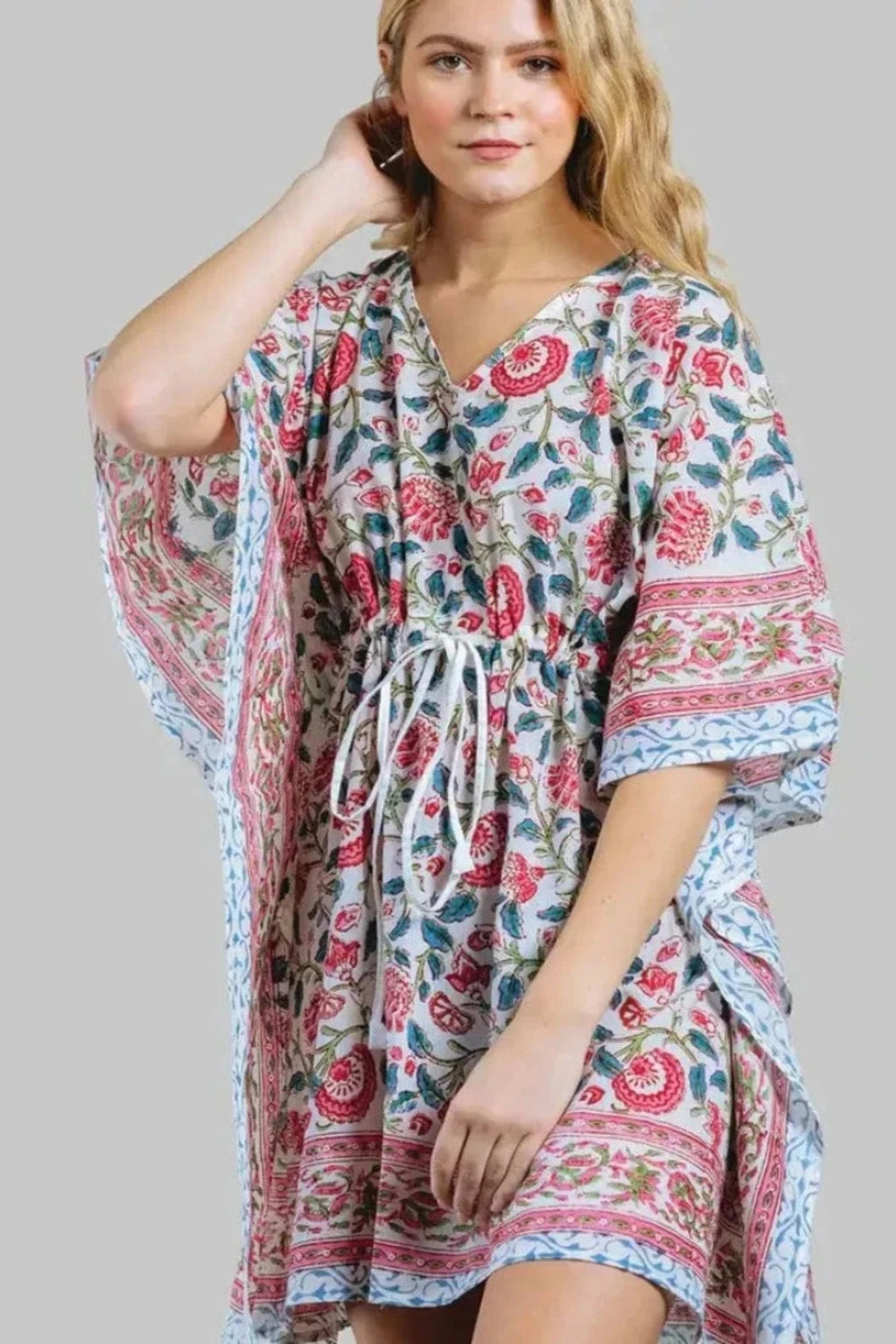 Block Printed Mini Caftan Dress. Sevya Women's Short Caftan Dress-Fair Trade Clothing Made in India. 