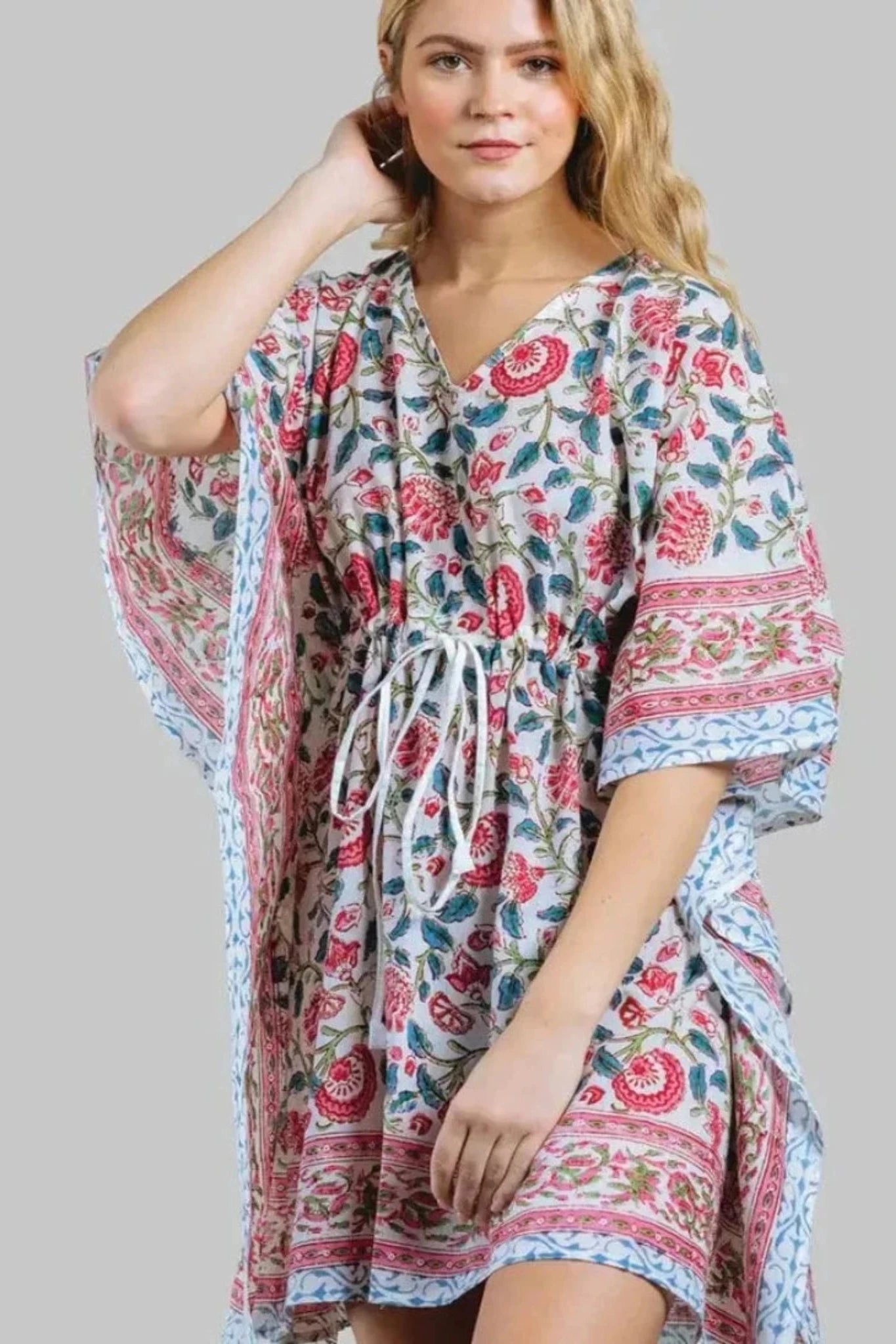 Block Printed Mini Caftan Dress. Sevya Women's Short Caftan Dress-Fair Trade Clothing Made in India. 