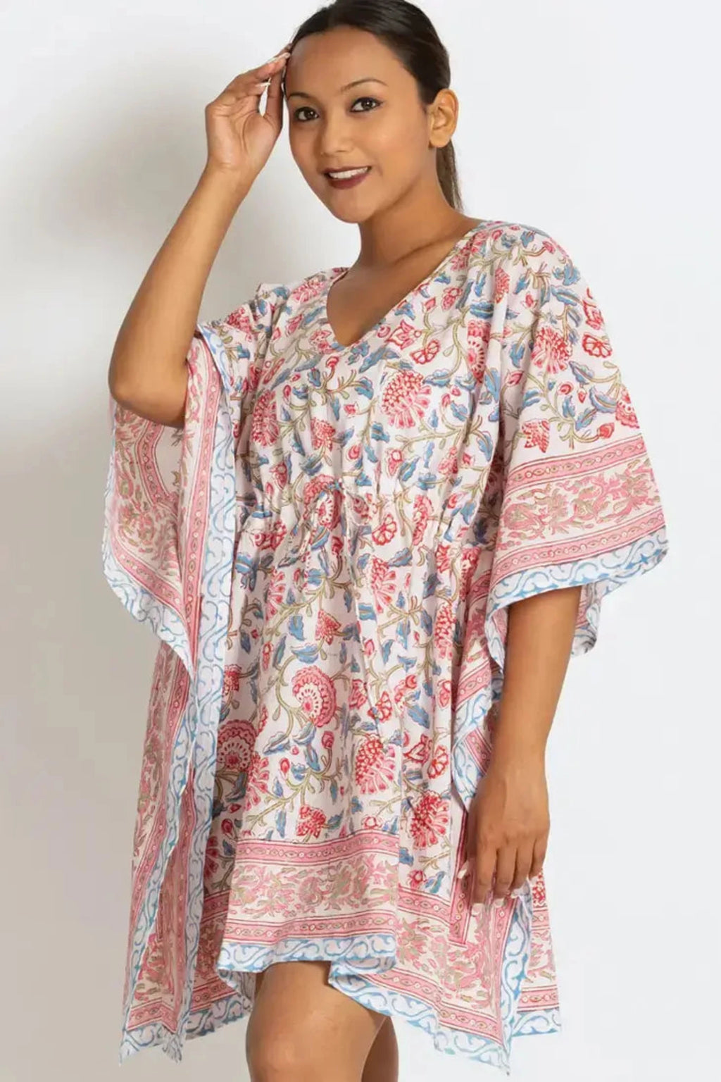 Sevya Handmade Pink and Blue Floral Print Short Caftan Dress - Side View on Model