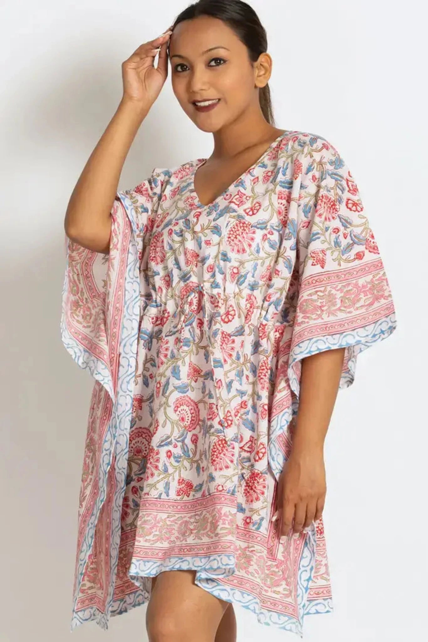 Sevya Handmade Pink and Blue Floral Print Short Caftan Dress - Side View on Model