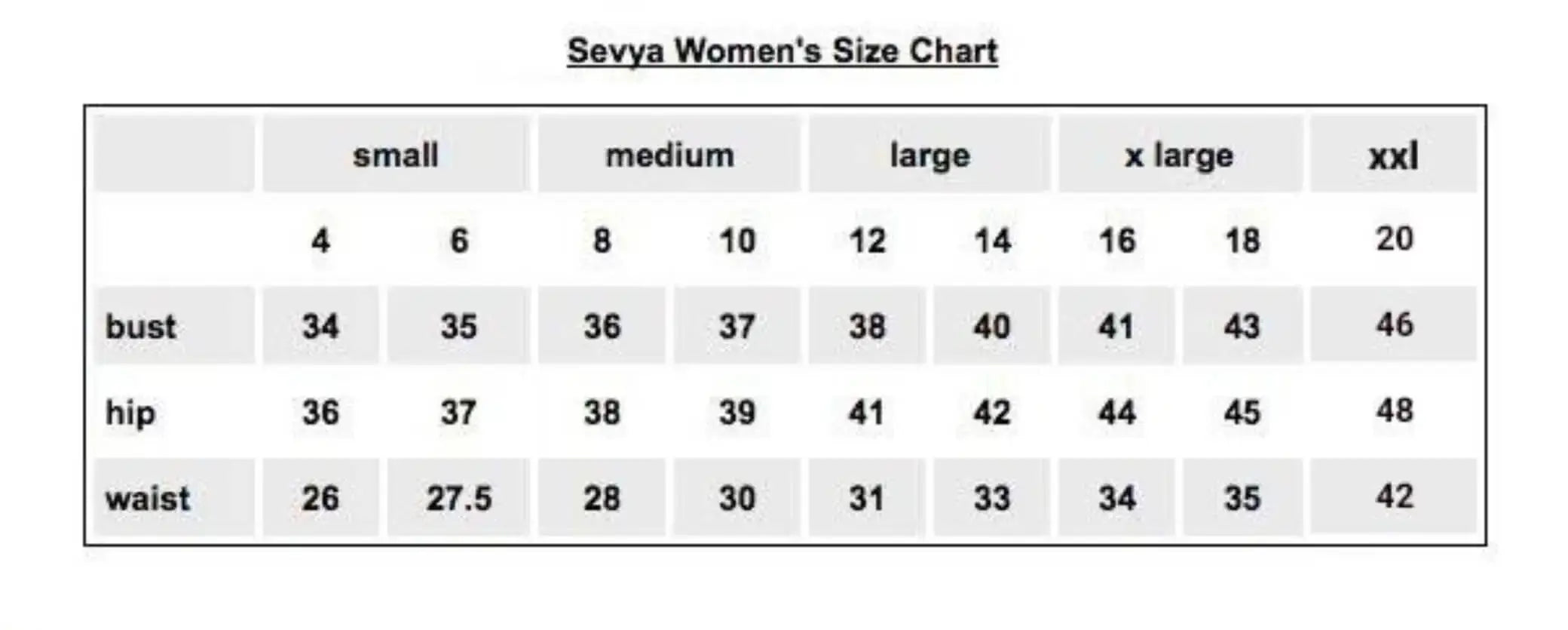 sevya Handmade women's size chart