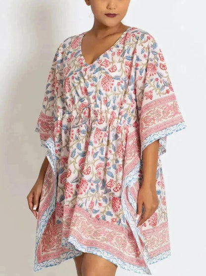 Sevya Handmade Pink & Blue Floral Print Short Caftan Dress