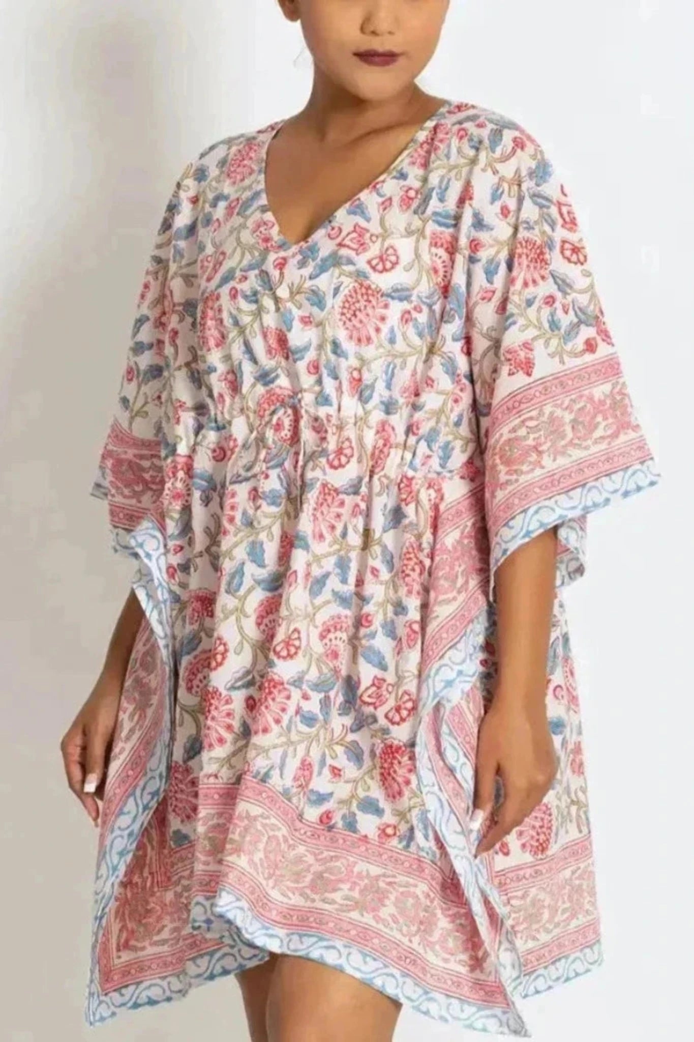 Sevya Handmade Pink and Blue Floral Print Short Caftan Dress. 