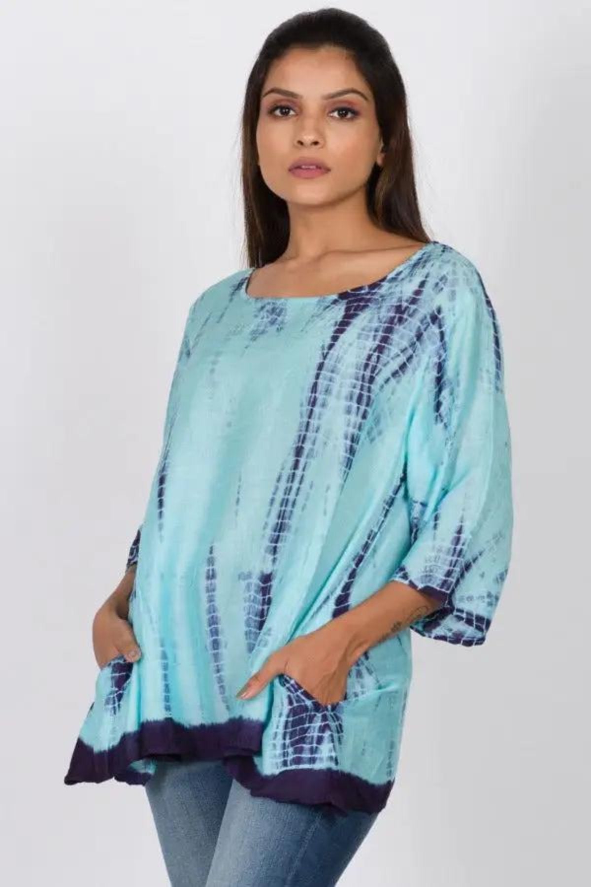 Sevya - Blue Tie Dyed Shibori Tunic Top with Pockets