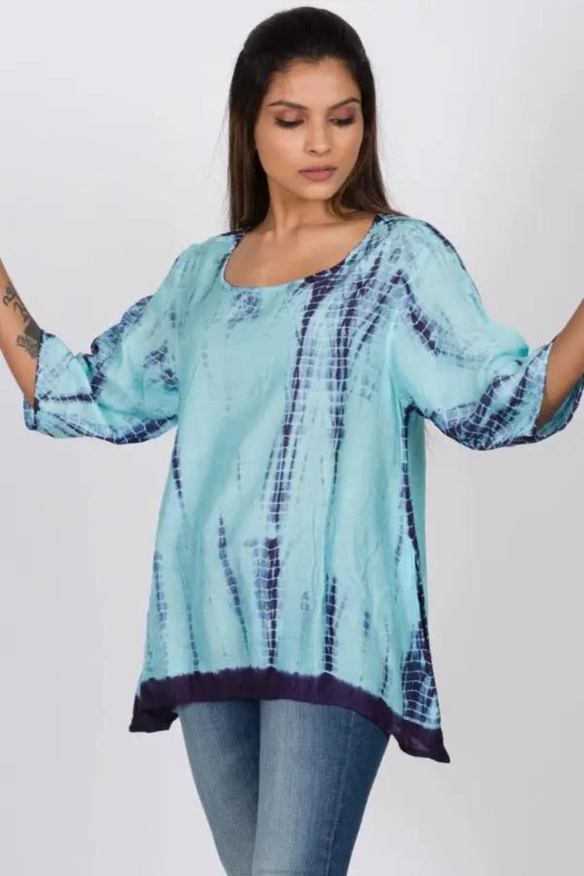 Sevya Blue Tie Dyed Shibori Tunic Top with Pockets