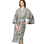 Long kimono style sleeve floral women's lightweight cotton long kimono robe in a bohemian silver gray and pink floral print.