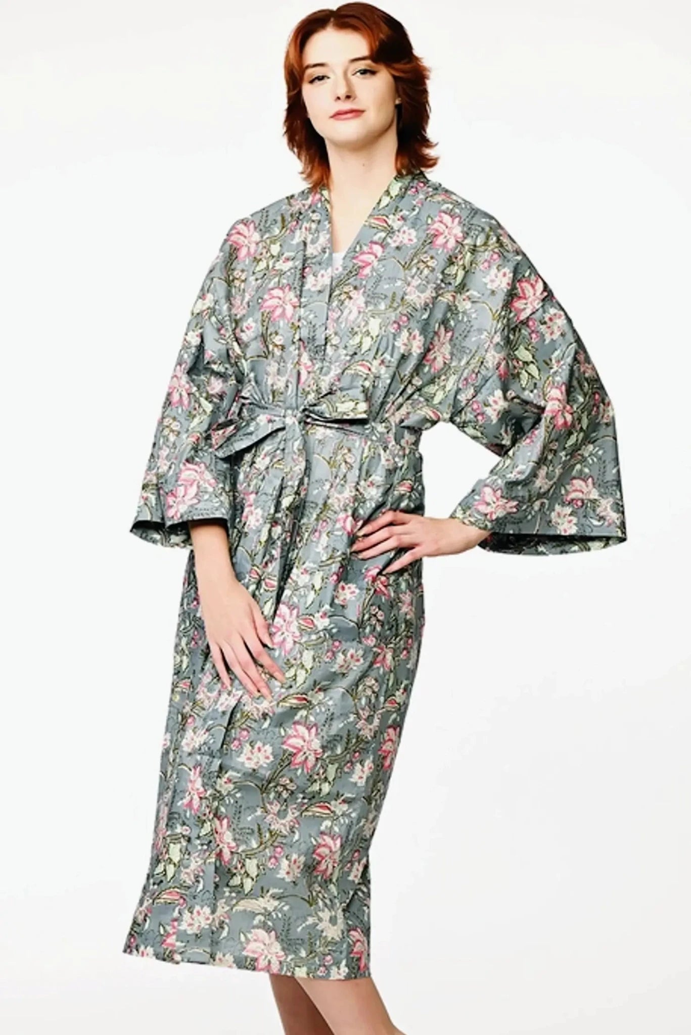 long sleeve floral women's kimono robe in silver gray and pink floral print on model