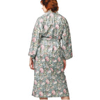 Back view of the long sleeve floral women's kimono long robe in silver gray and pink floral print.