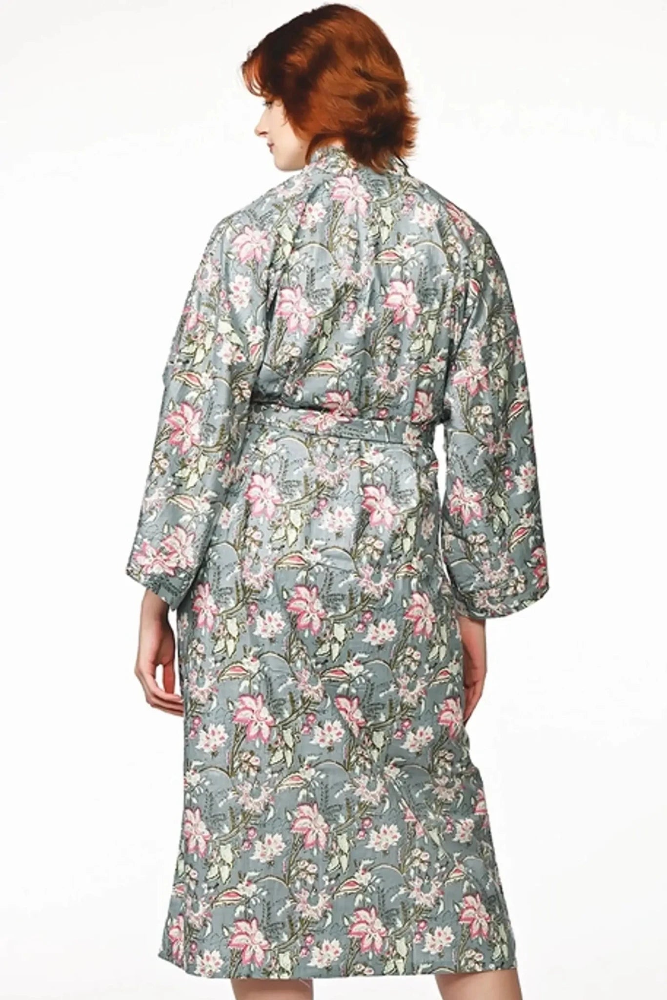 long sleeve floral women's kimono robe in silver gray and pink floral print, back view
