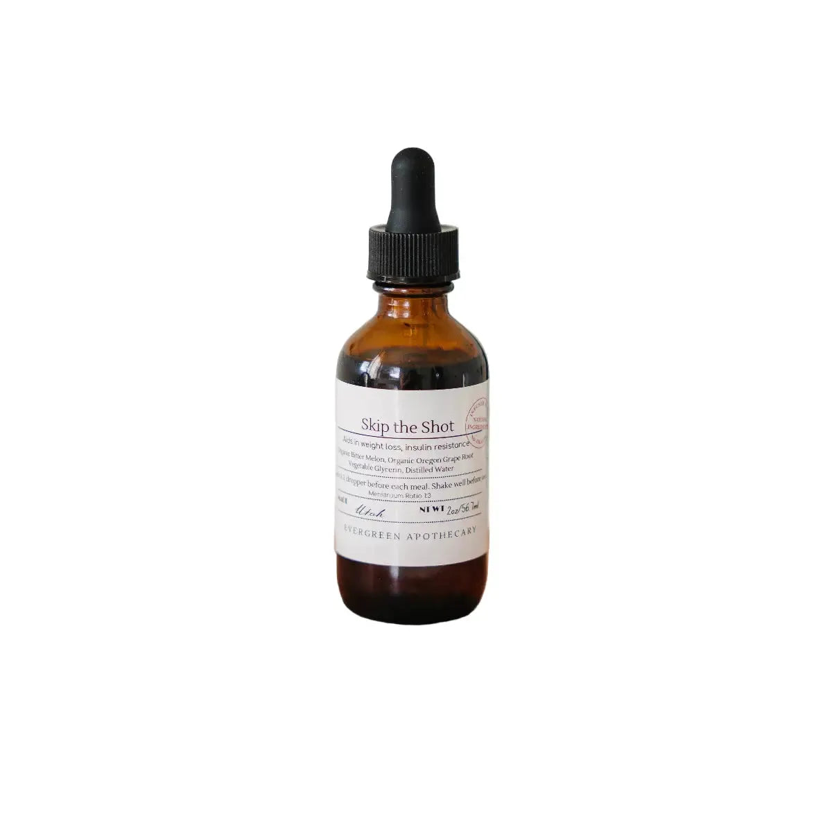 Brown glass bottle with dropper labeled 'Skip the Shot' on a white background