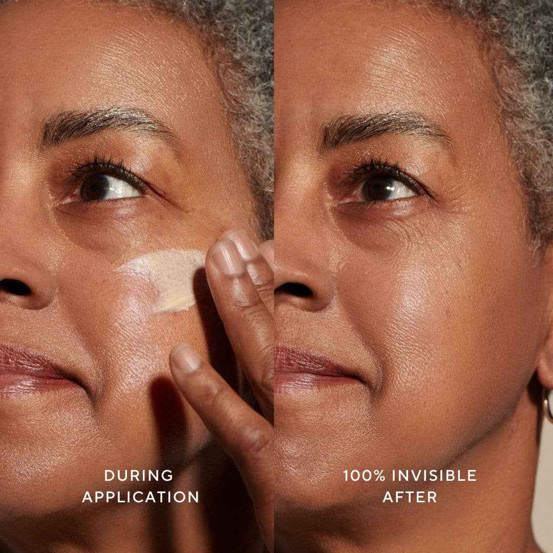 Smoothing Face Primer with SPF 30 - Clean Sunscreen - Minori shown during application and after blending, leaving a smooth, invisible finish on mature skin.