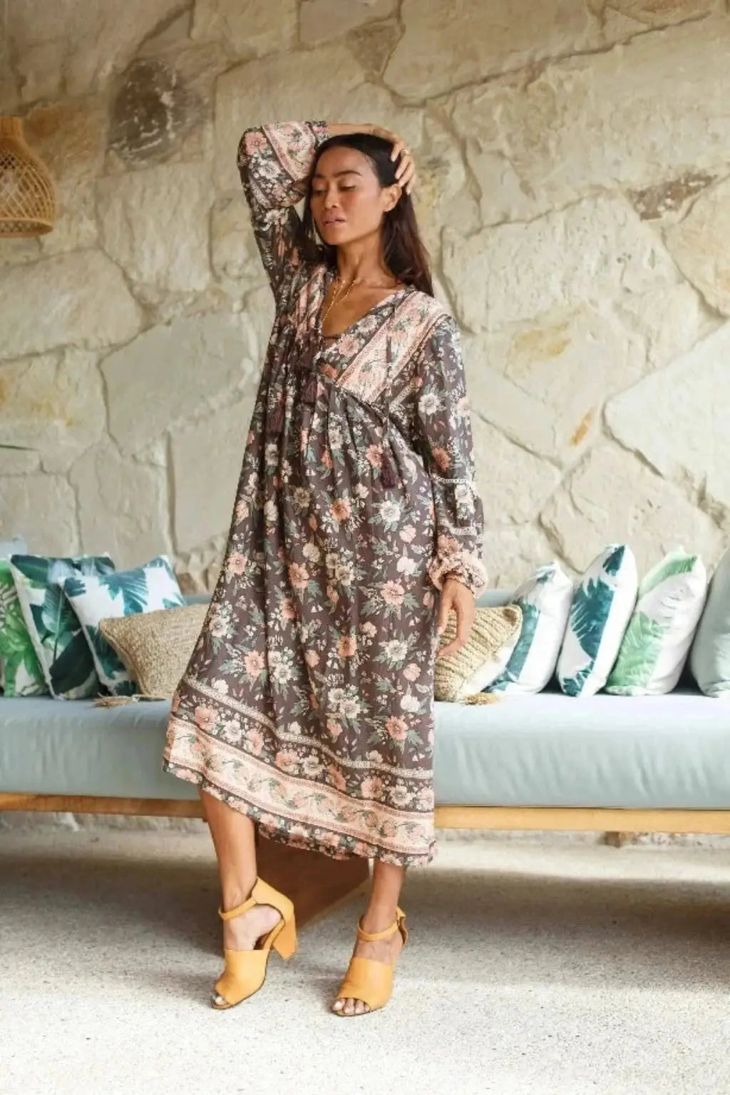 Mocha Brown & Pink Floral Long Sleeve Bohemian Midi Dress - The-Fox-and-The-Mermaid Ximena Boho Midi Dress