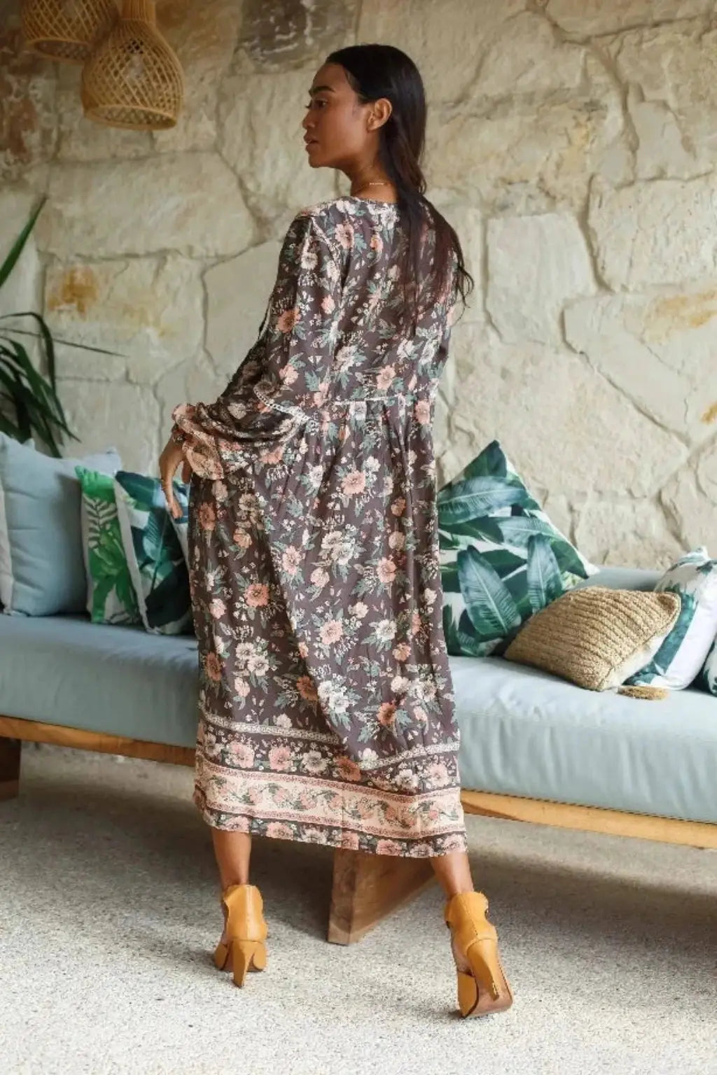 Mocha Brown & Pink Floral Long Sleeve Bohemian Midi Dress - The-Fox-and-The-Mermaid Ximena Boho Midi Dress - Back View