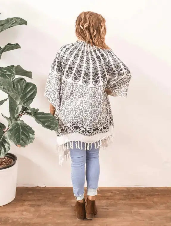 Back View of Village Thrive Kimono in Grey and White Print
