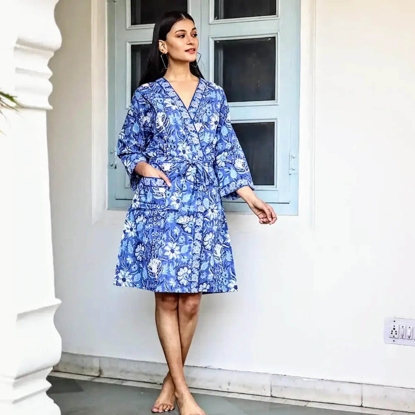 Violet Purple Floral Hand Block Printed Short Cotton Robe - Kimono Style with Belt and Pockets