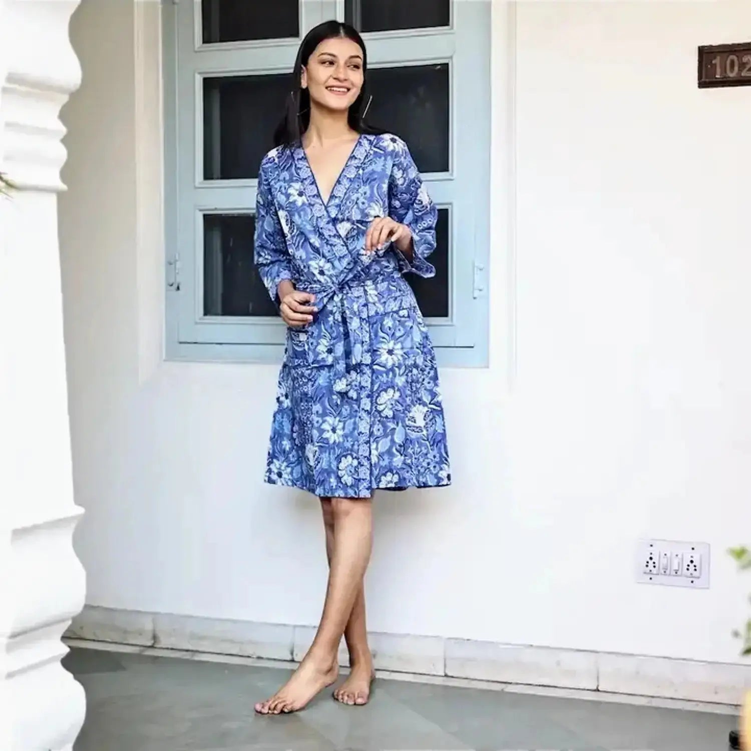 Women's Violet Floral Block Printed Cotton Short Kimono Robe