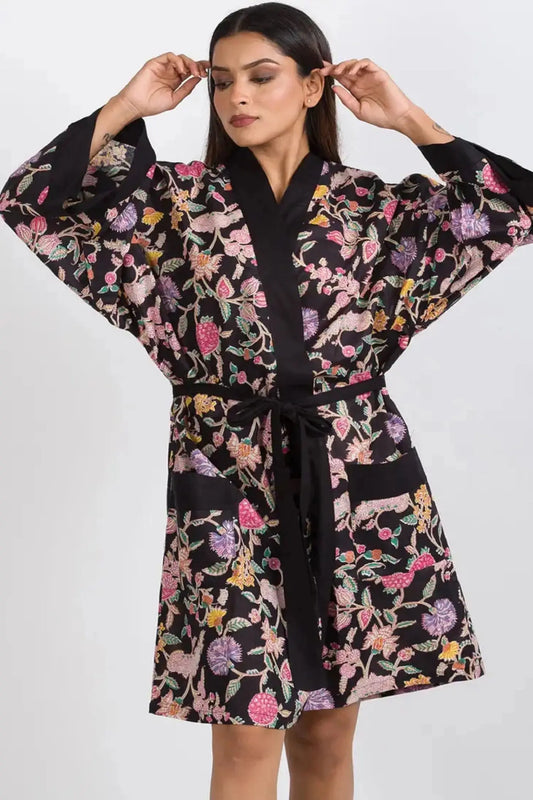 Black Floral Short Kimono Robe - Sevya Handmade