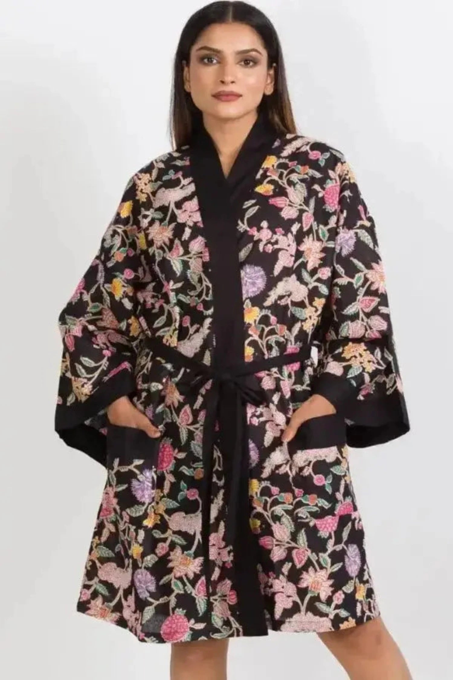 Women's Black Floral Short Cotton Kimono Robe
