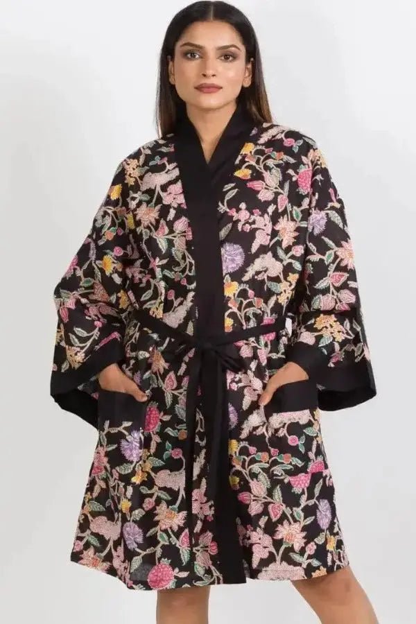 short cotton kimono dressing gown Cotton Kimono Robe for Women Soft Lightweight Bohemian Hand Block Floral Printed Bathrobe with Belt, Loungewear, Spa & Resort Wear, Beach Cover Up, Comfortable Nightwear Dressing Gown