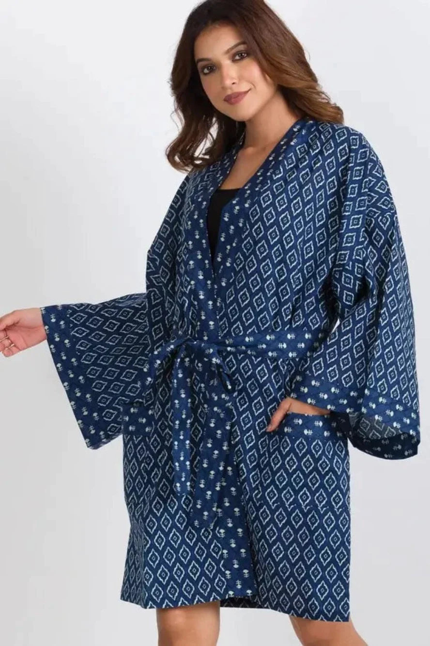 Women's lightweight Cotton Short Kimono Style Robe with Long Sleeves in Indigo Blue by Sevya Handmade
