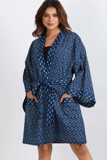 Women's lightweight Cotton Short Kimono-style Robe with Pockets