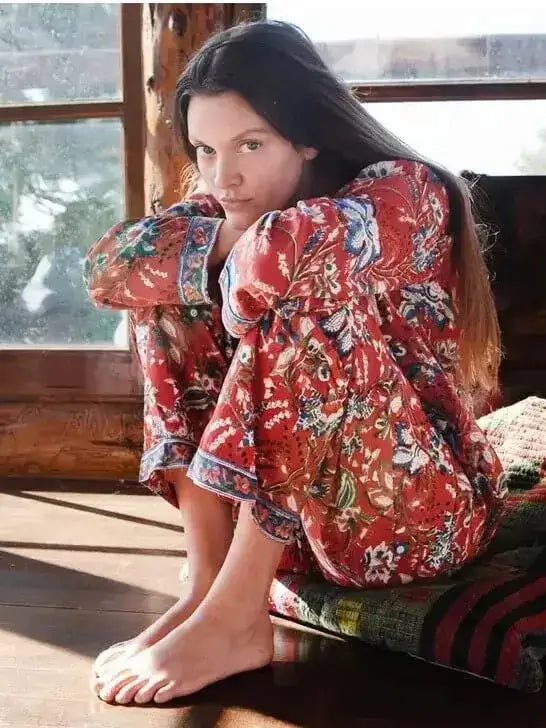 Women's Red Floral Pajamas on Model