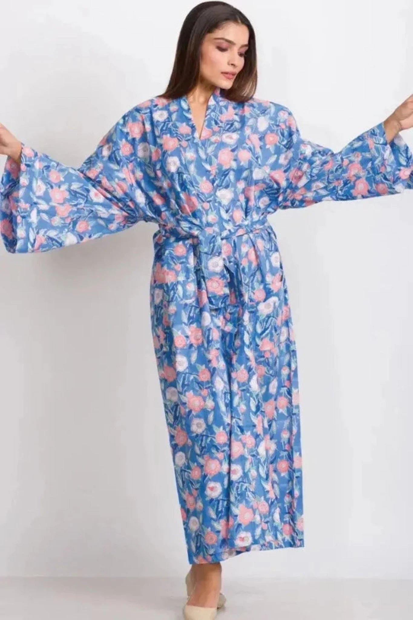 Blue Floral Long Cotton Kimono Robe with Long Sleeves - Sevya Handmade
