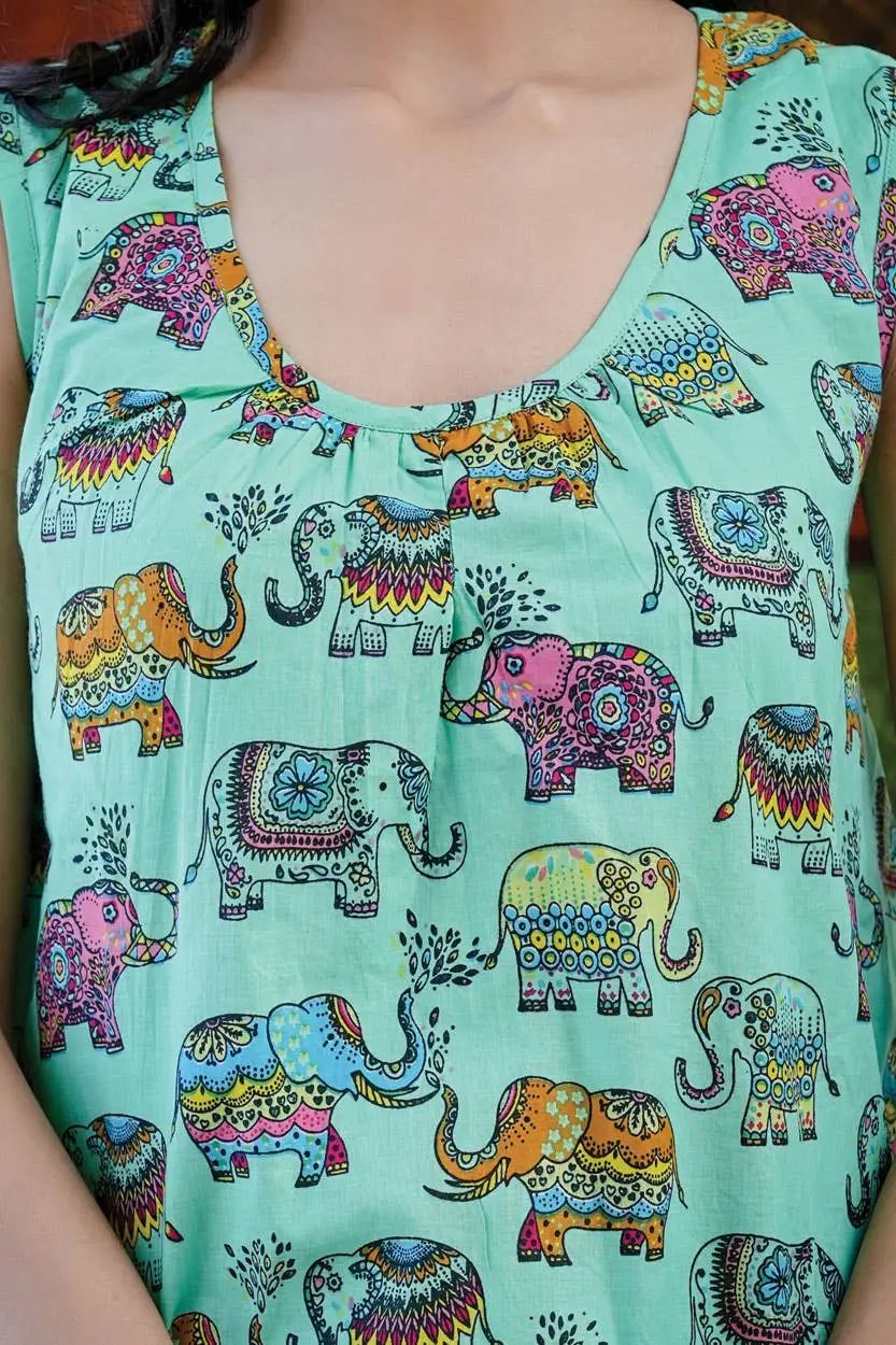 Round neckline cotton tank in green elephant print 