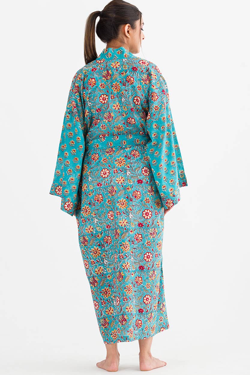 Sangita Block Print Kimono Robe - Turquoise & Gold - back view