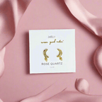 Rose Quartz & Gold Crescent Moon Gemstone Drop Earrings, Bohemian Earrings on a Pink Satin Background by JaxKelly