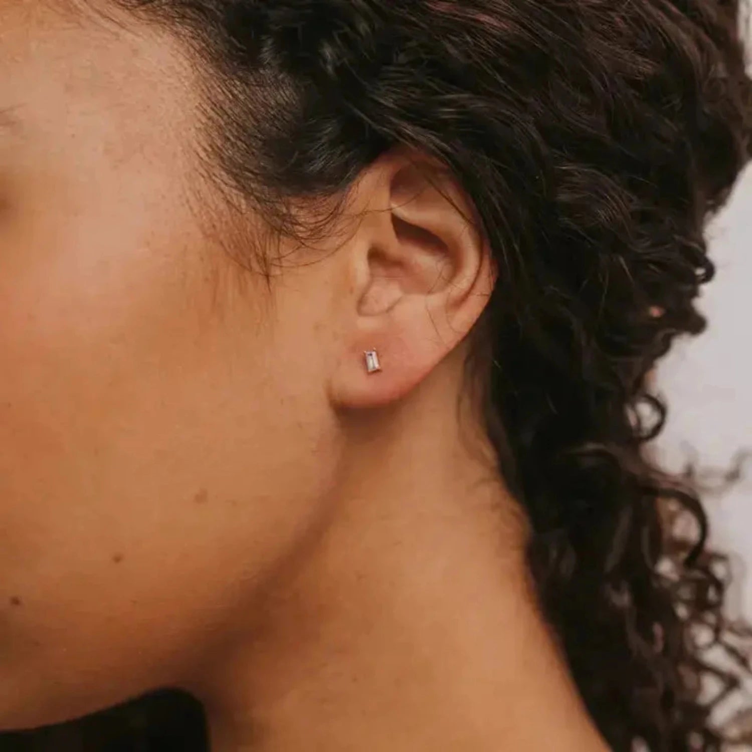 Lilac Baguette Stud Earrings by JaxKelly shown on model 