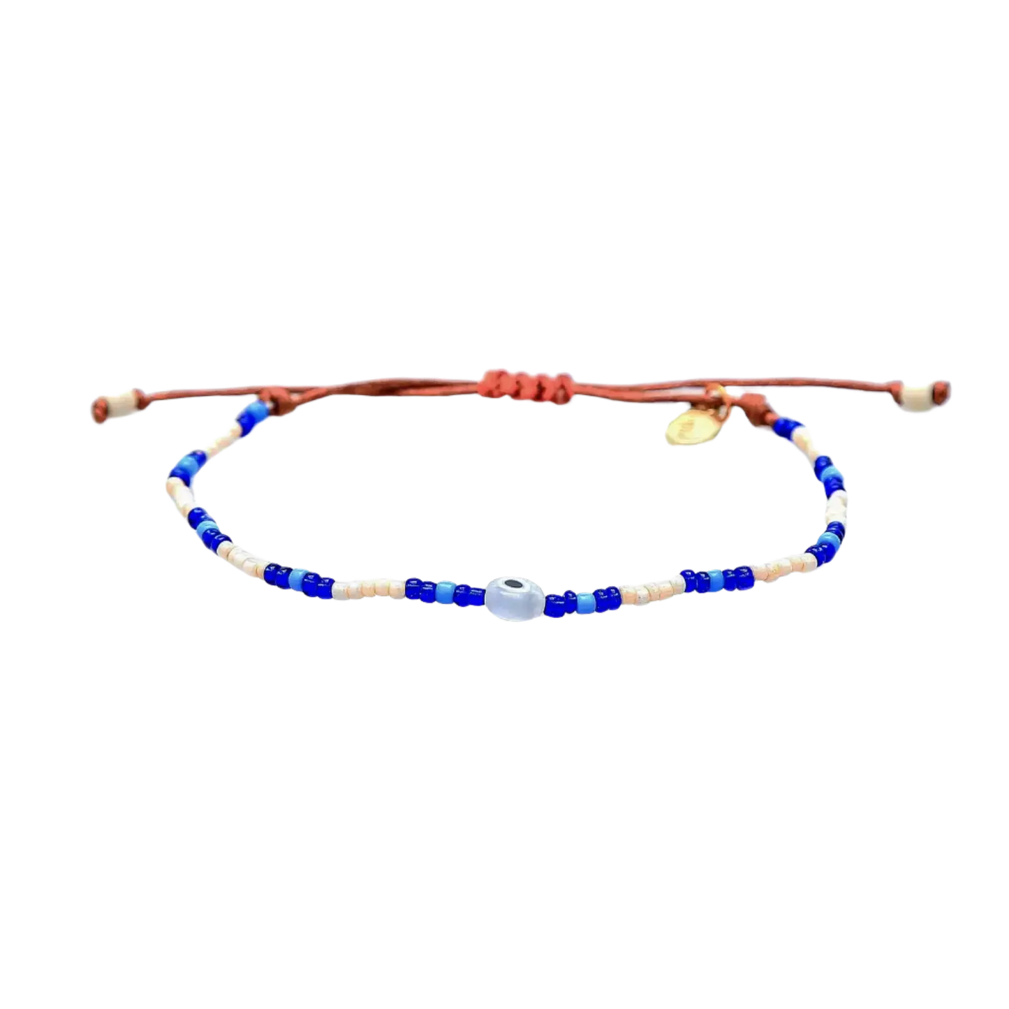 beaded evil eye bracelet with blue and white beads on silder cord