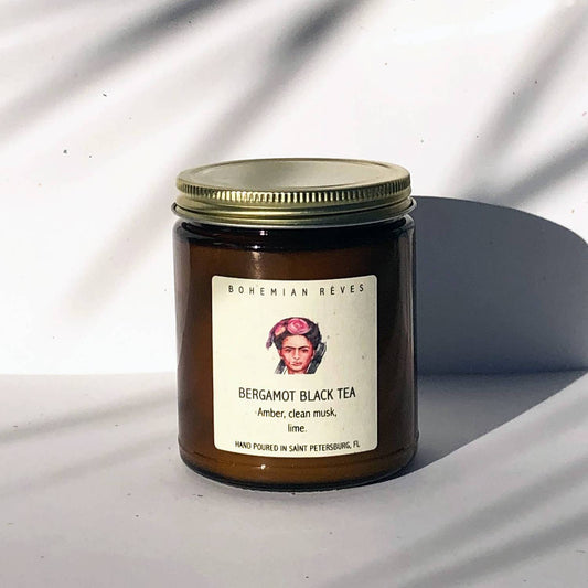 Bohemian Rêves bergamot black tea soy candle with Frida Kahlo inspired label artwork