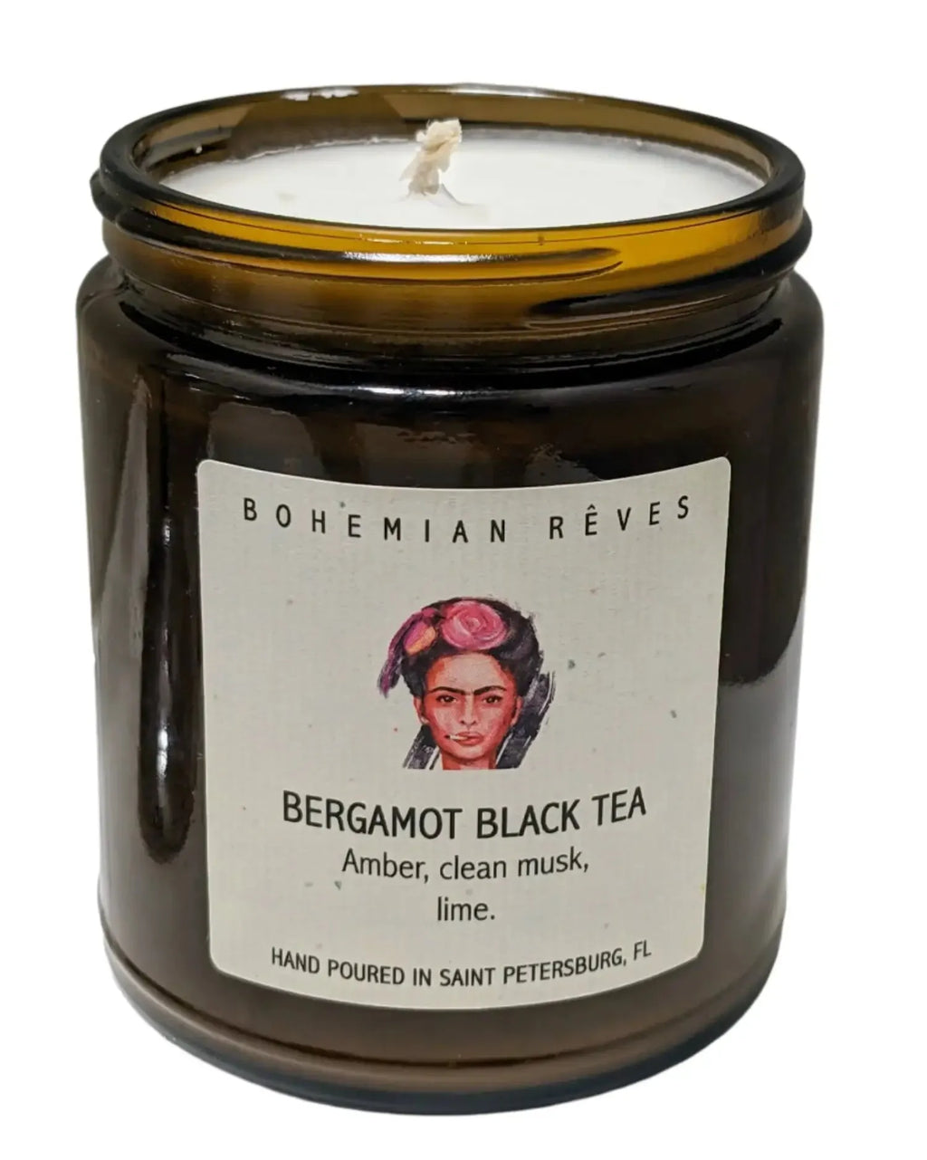 Bohemian Rêves bergamot black tea soy candle with Frida Kahlo inspired label artwork at Elle and Willow