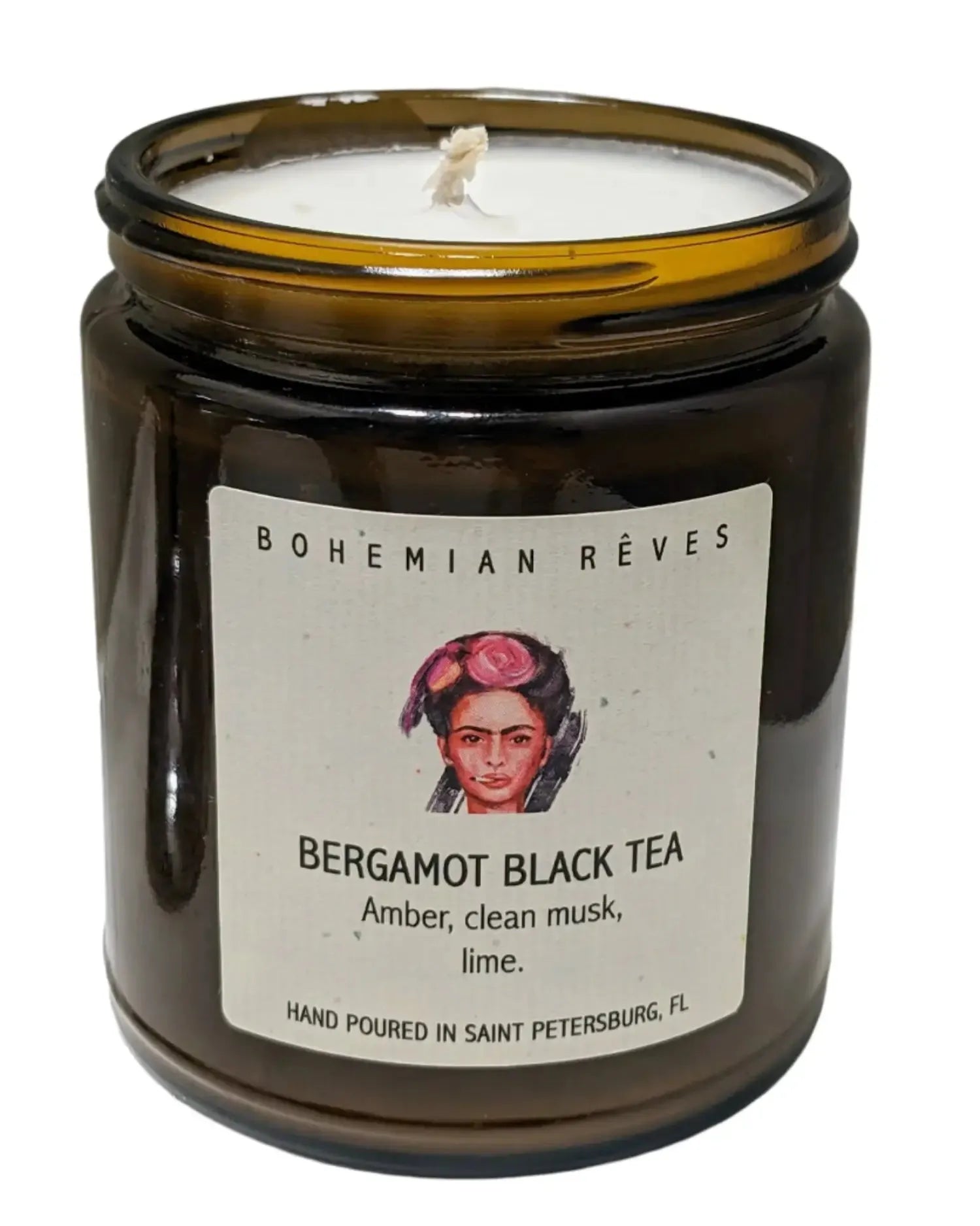 Bohemian Rêves bergamot black tea soy candle with Frida Kahlo inspired label artwork at Elle and Willow