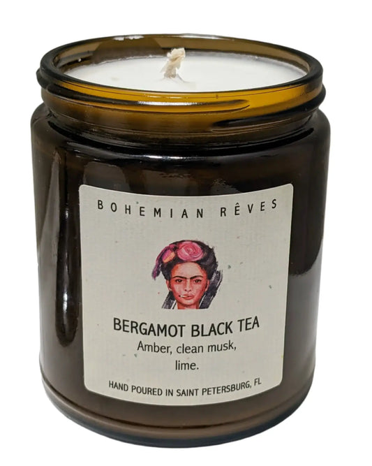 Bohemian Rêves bergamot black tea soy candle with Frida Kahlo inspired label artwork at Elle and Willow