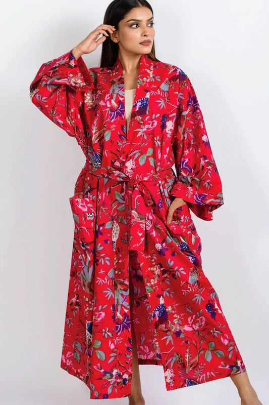 Women's Red Kimono Robe - Floral Birds of Paradise Print