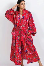 Women's Red Kimono Robe - Floral Birds of Paradise Floral Print- Long Sleeves, Pockets, Belt and Long Maxi Length