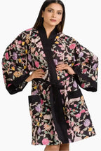 Black Floral Short Kimono Robe - Lightweight Cotton, Long Sleeves, Stylish Comfort - Short Kimono Robe by Sevya Handmade