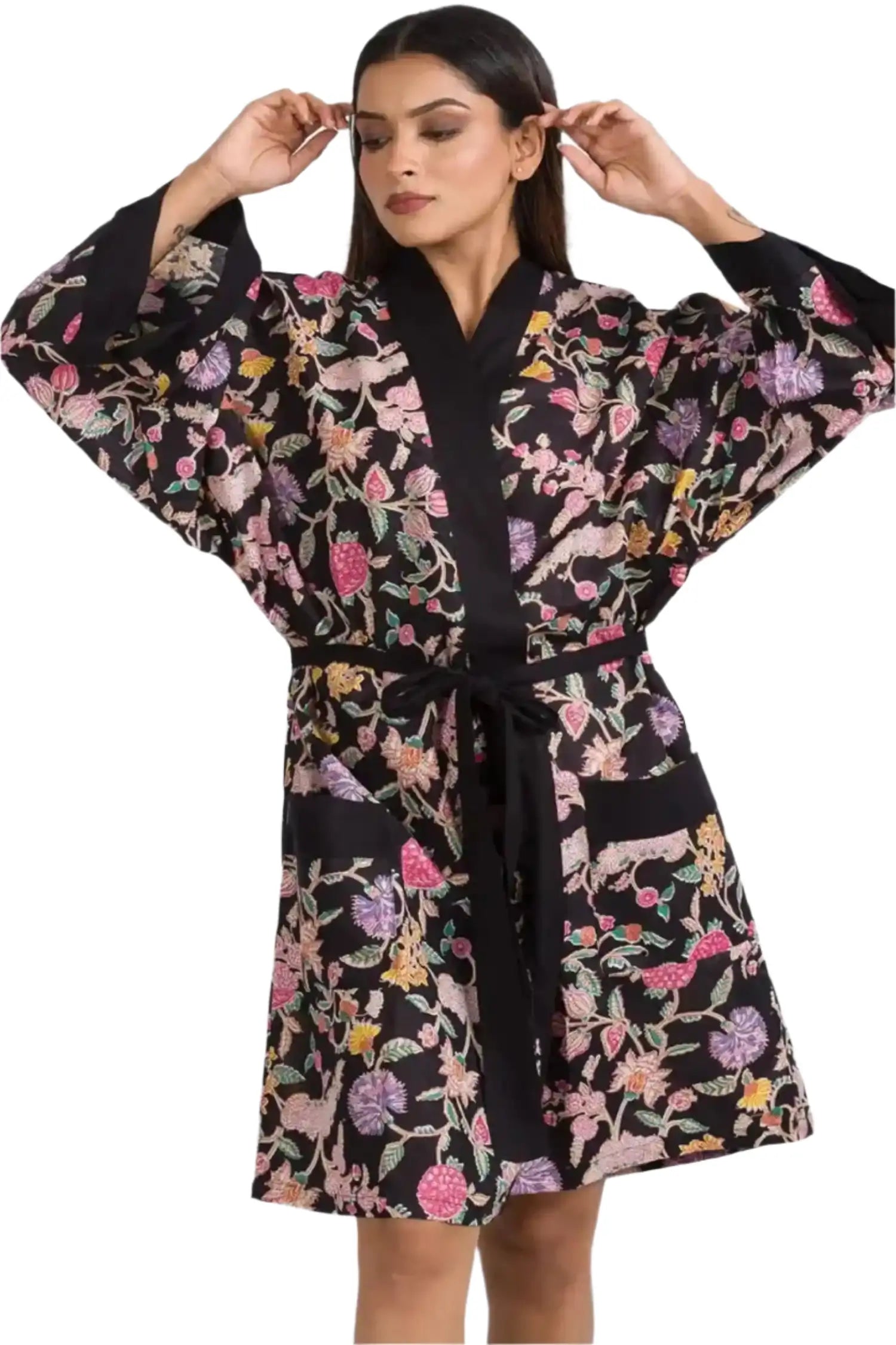 Black Floral Printed Short Kimono Robe from Sevya Handmade in woven cotton with belt and pockets