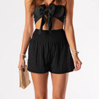Black Cotton Shorts with elastic high-rise fold over waist for beachwear and loungewear.