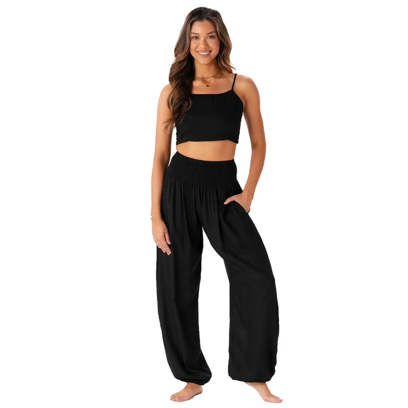 black harem pants with two front pockets by lotus and luna