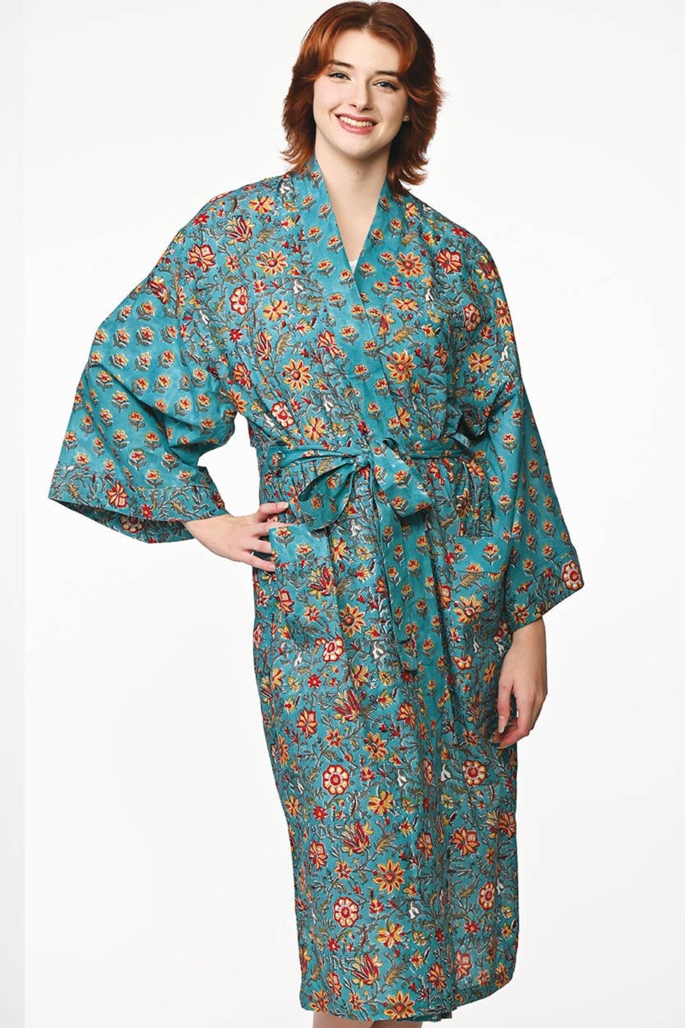 Sangita Block Print Kimono Robe - Turquoise & Gold with long bell sleeves