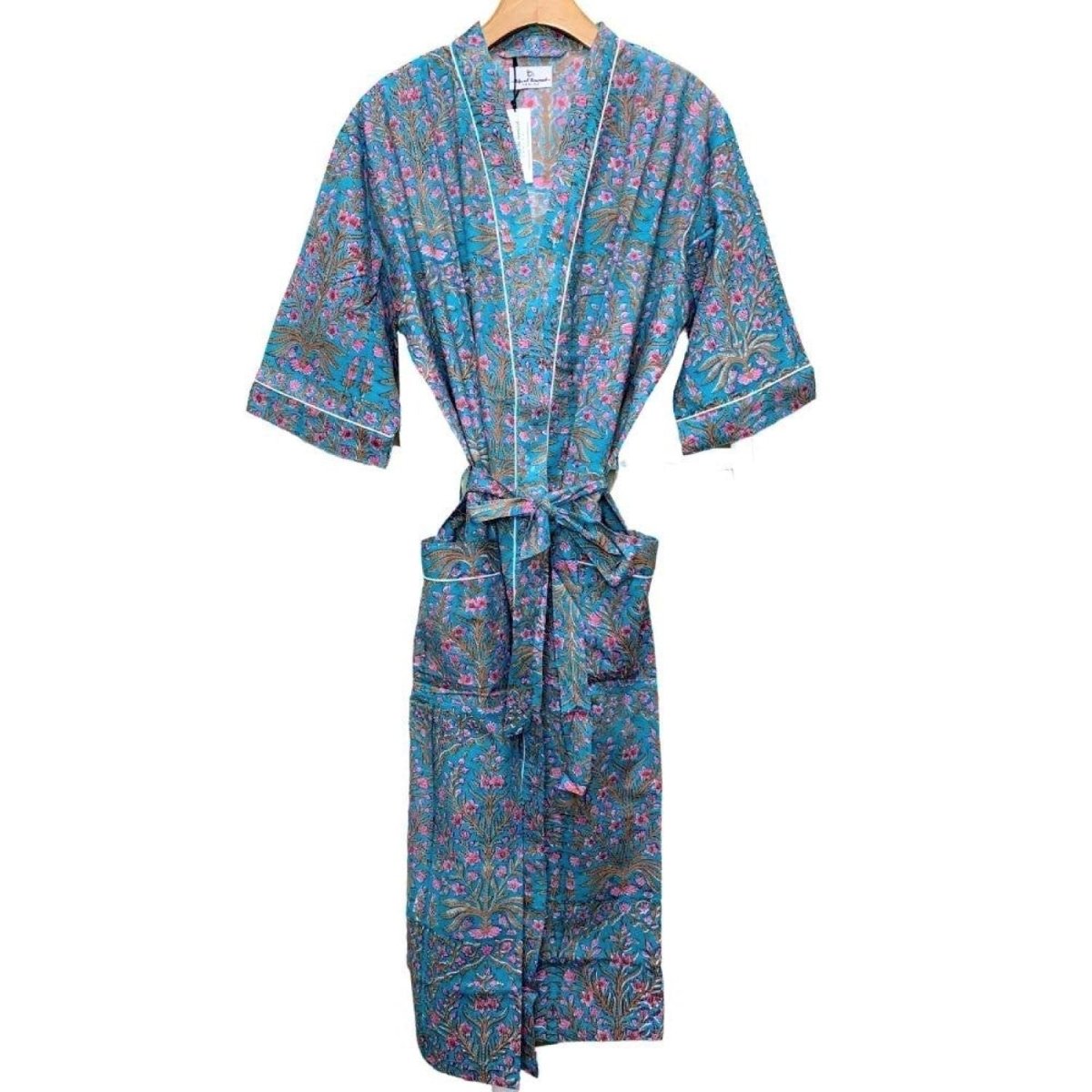 Blue Floral Block Printed Long Cotton Kimono Robe with front pockets and tie front belt by The Fox and the Mermaid