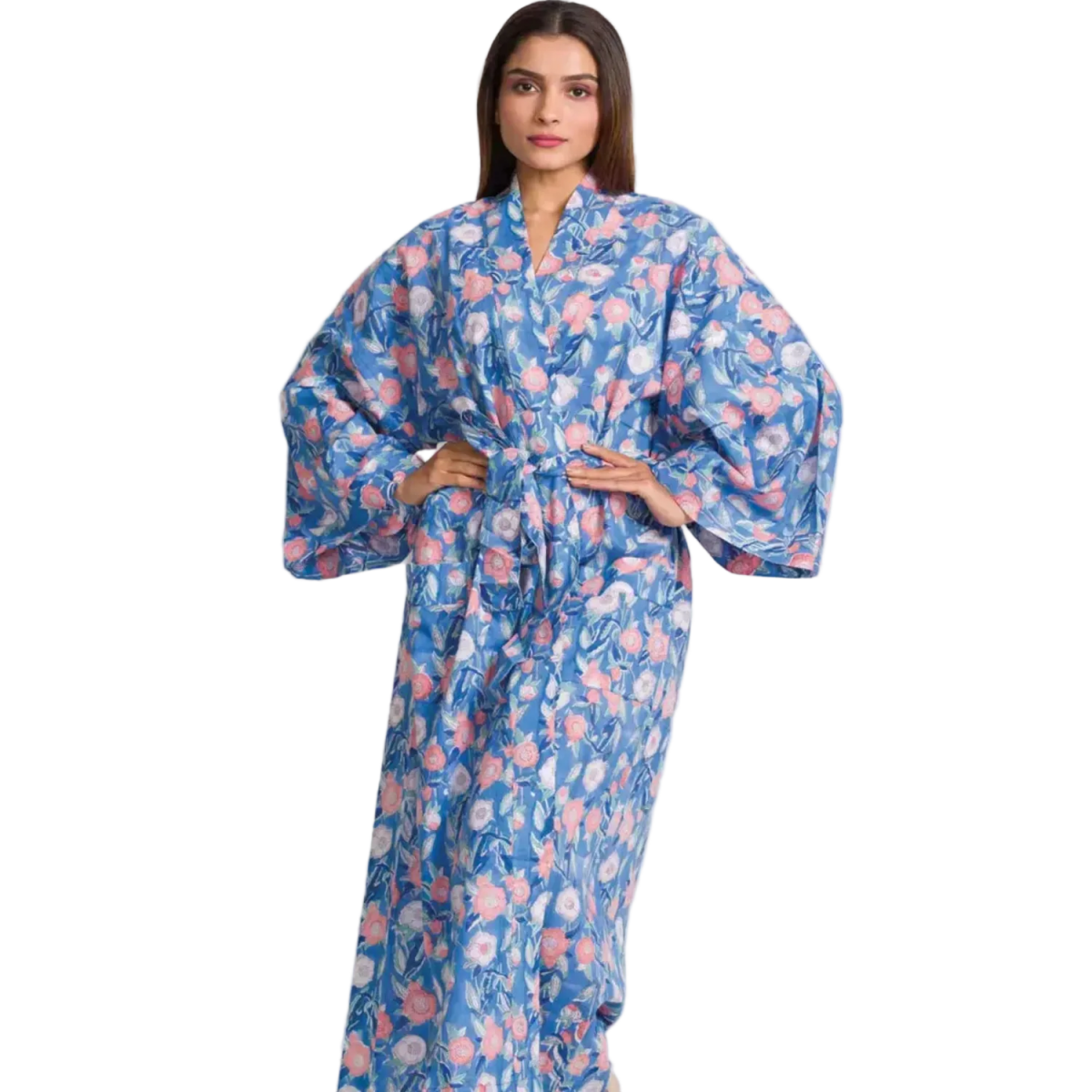 Blue floral robe long cotton kimono robe 