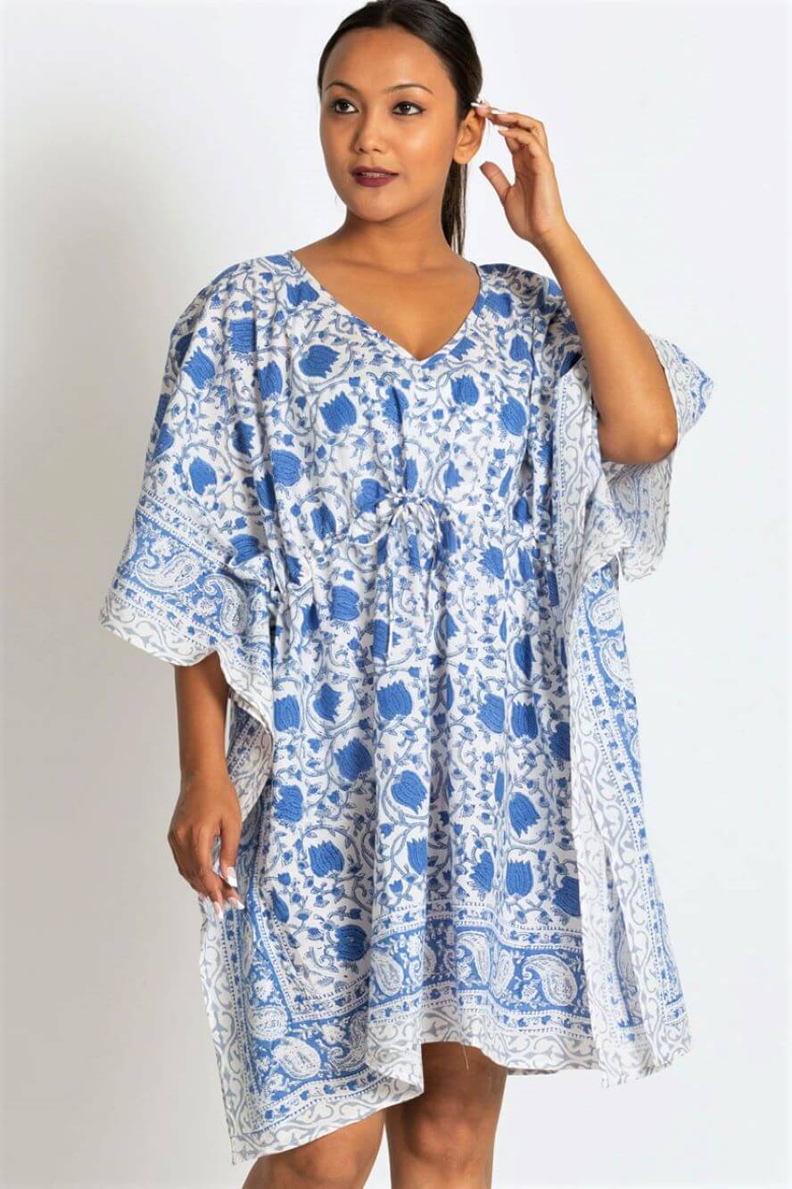 Blue and White Floral Print Short Cotton Caftan Dress from Sevya Handmade