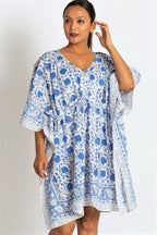 Blue & White Floral Short Caftan Dress or Swim Cover-up, Caftan Dress by Sevya Handmade, Bohemian Clothing at Elle and Willow