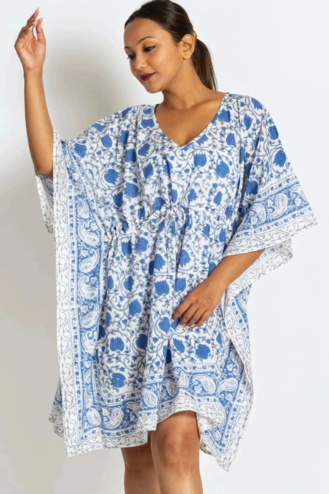 Blue and White Floral Print Short Cotton Caftan Dress from Sevya Handmade | Elle and Willow