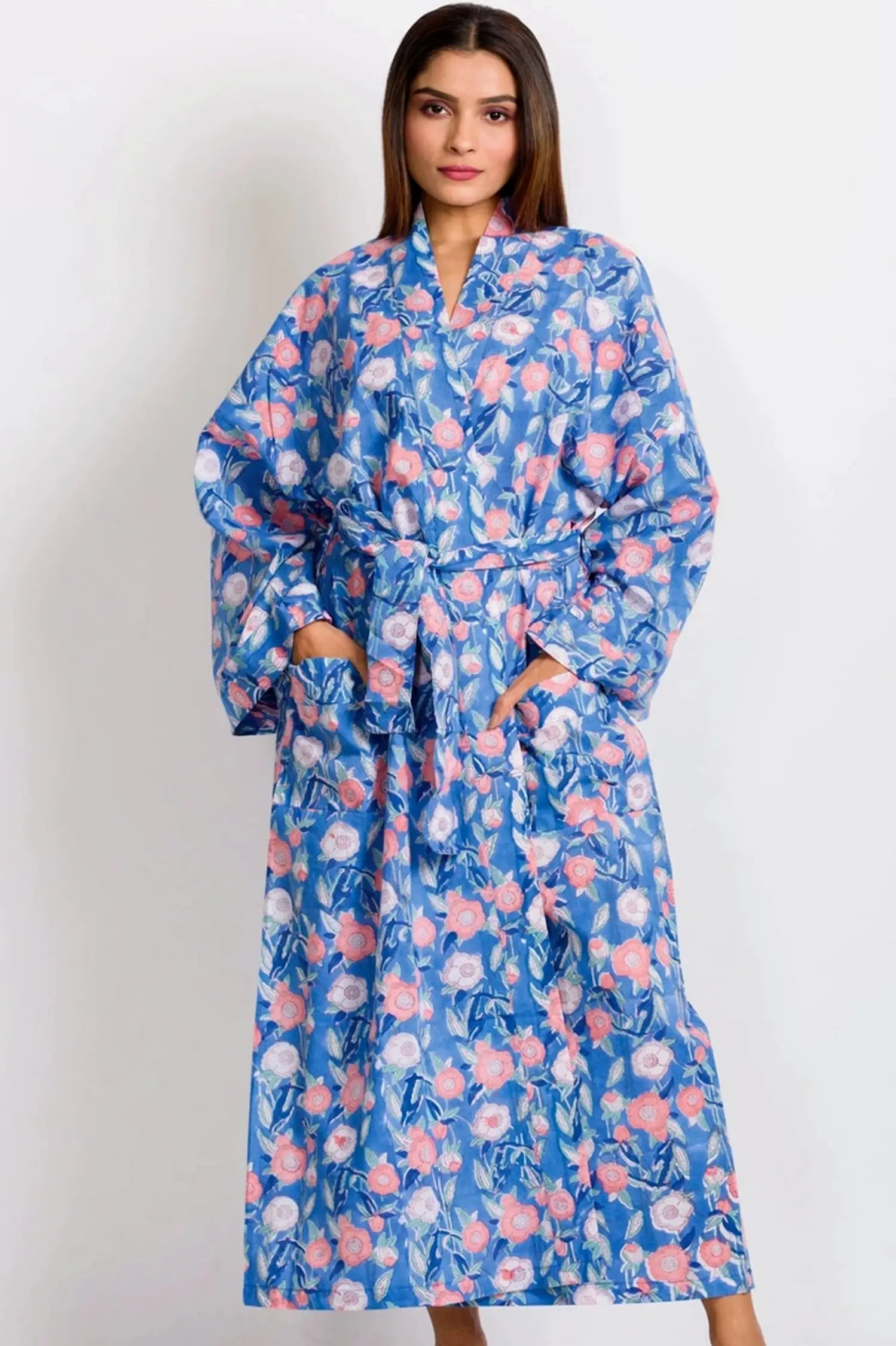 Blue Floral Long Cotton Kimono Robe with belt, long sleeves and pockets by Seyva Handmade