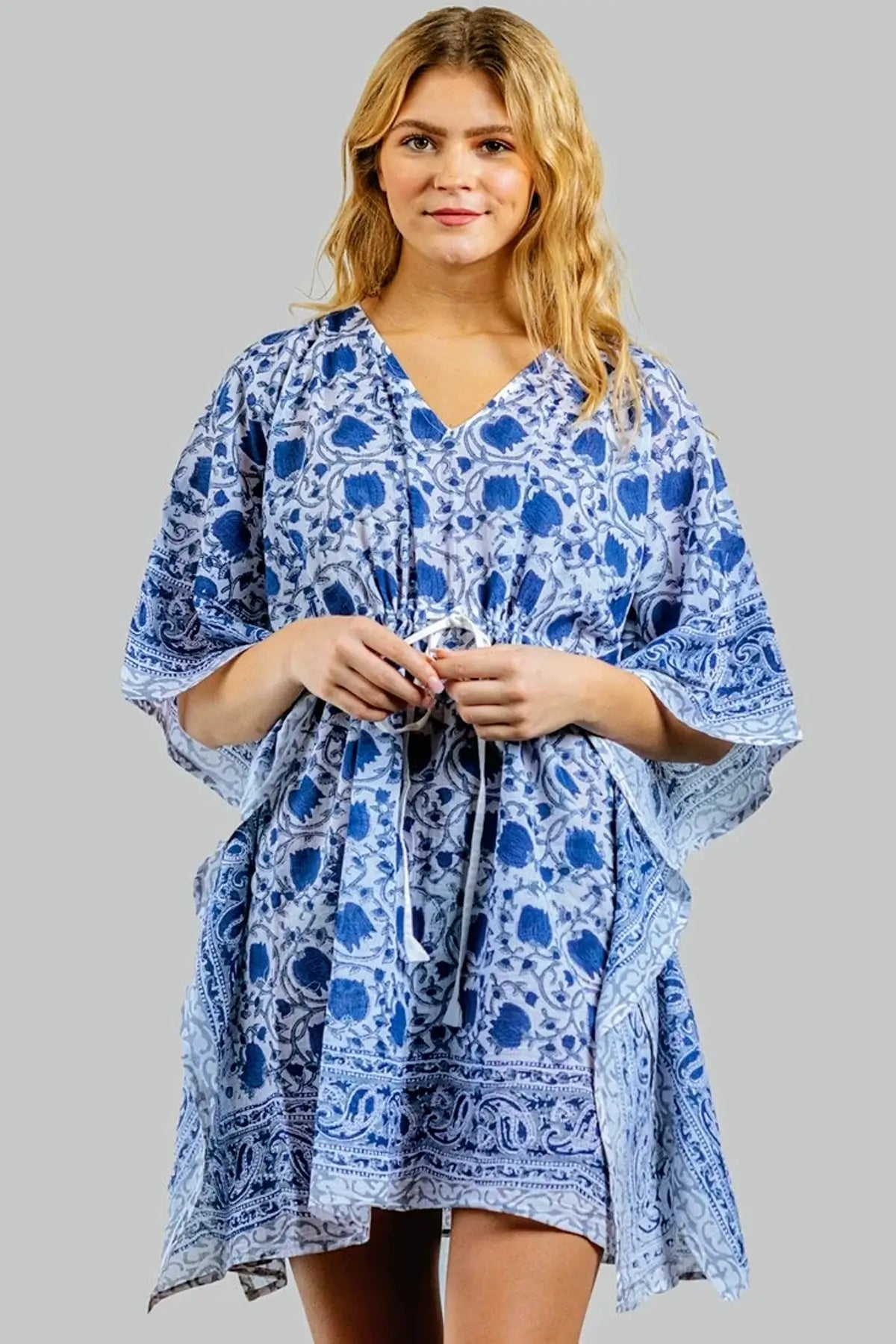 blue and white floral short cotton caftan mini dress by sevya handmade